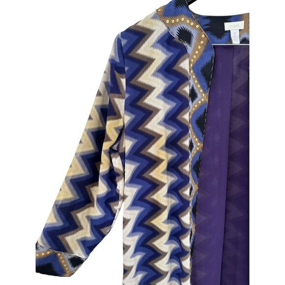 Chico's Artisan Duster Cardigan 2 Zigzag Aztec Print Beaded Statement Open L 14 - Picture 5 of 9